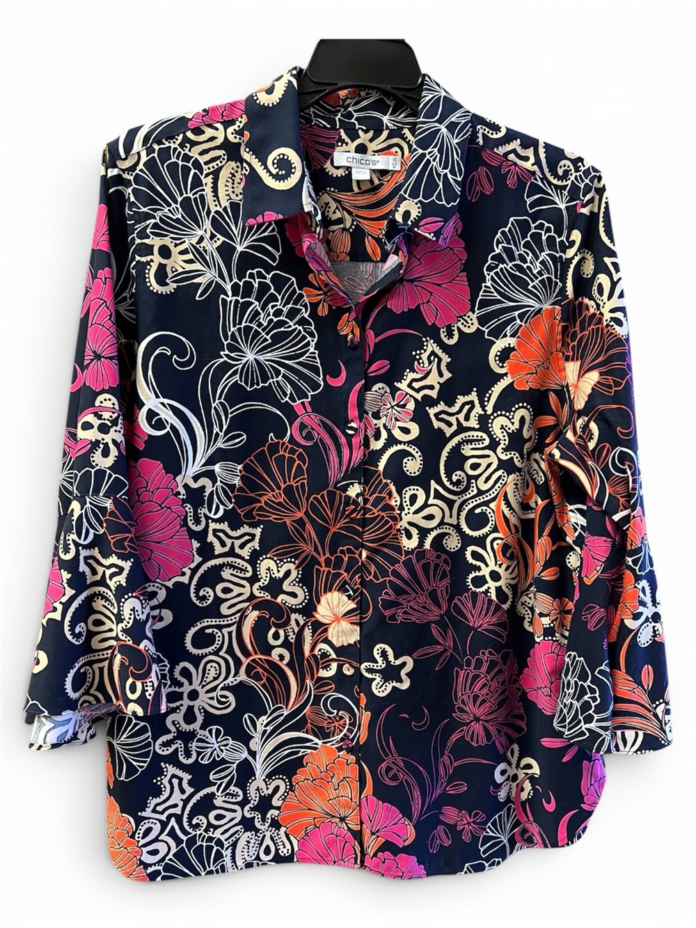 Chico's Black Floral Button-Up Shirt - Pink & Orange Bell Sleeves